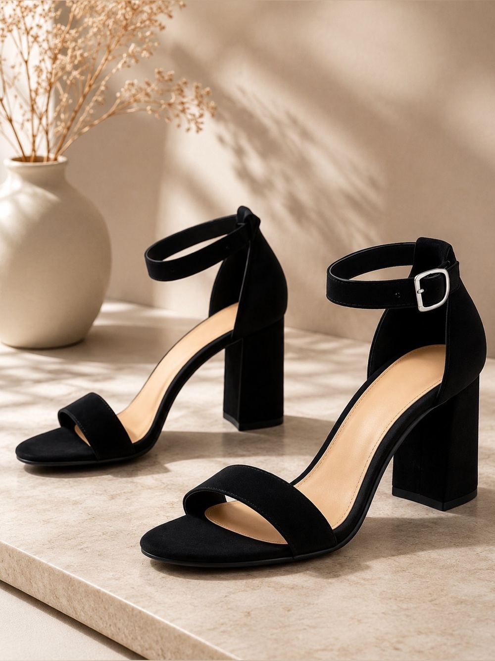 BAMBOO Chunky High Heel Ankle Strap Sandals black suede women's size 8